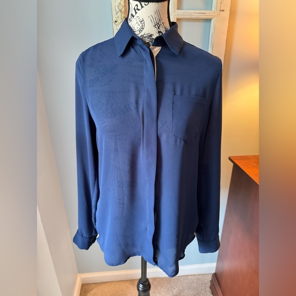 Women’s Joe Fresh Sheer Navy & Tan Button Down Shirt Size XS
